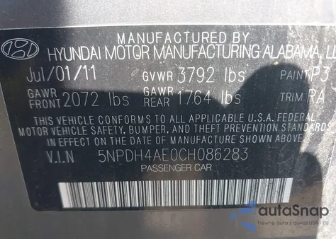 2012 Hyundai Elantra Gls из США, поврежденный, VIN 5NPDH4AE0CH086283